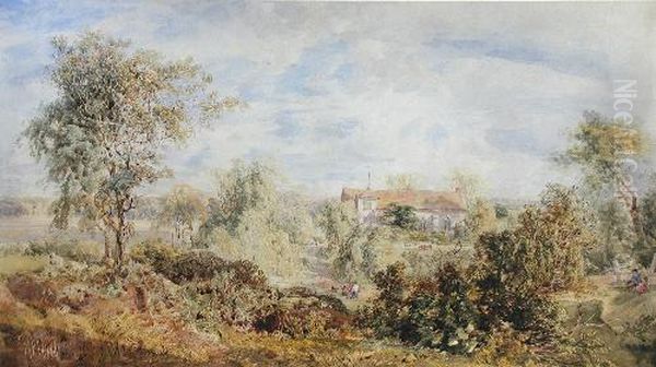 A View Over Kent With Walkers And A Church In The Distance Oil Painting by Richard Pratchett Noble