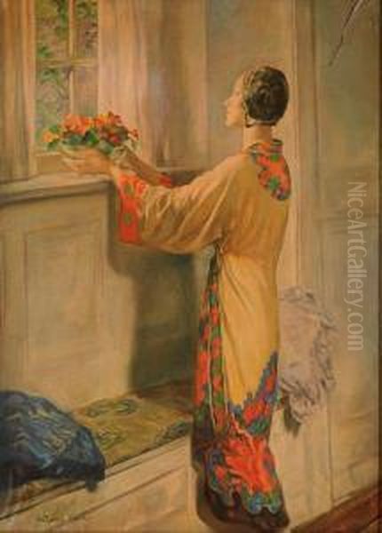 Donna Con Vaso Di Fiori Oil Painting by Arturo Noci