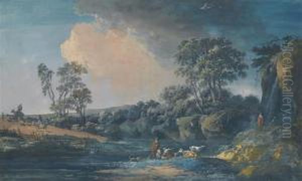 Paysage Anime A La Cascade Oil Painting by Noel, Alexandre Jean