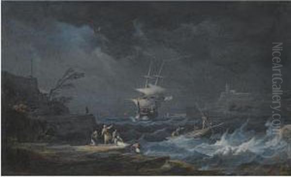 A Shipwreck At Nighttime Off A Rocky Mediterranean Coast Oil Painting by Noel, Alexandre Jean