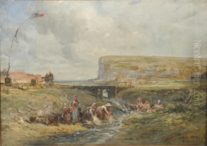 Les Lavandieres Au Treport Oil Painting by Jules Achille-Noel