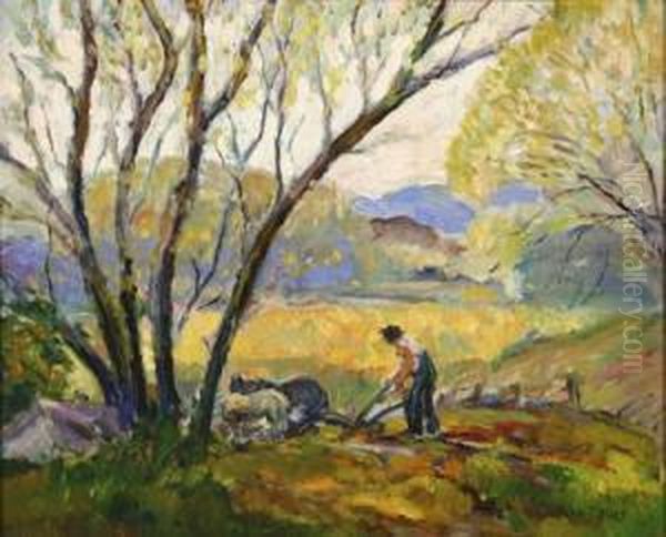 Farmer Plowing A Field Oil Painting by John Thomas Nolf