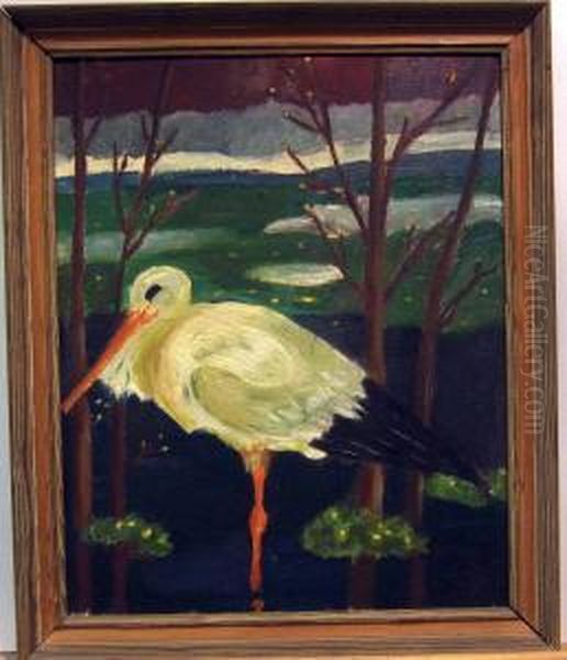 Stork. Aven Malning A Tergo. Oil Painting by Ernst Norlind