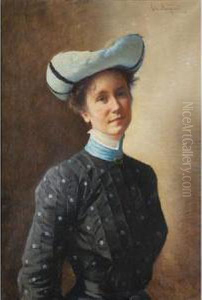 Portrait Of A Lady In A Blue Hat Oil Painting by Asta Eline J. Norregaard