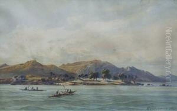 Deux Pirogues Au Large D'une Cote Rocheuse, Sierra Leone Oil Painting by Edouard Auguste Nousveaux
