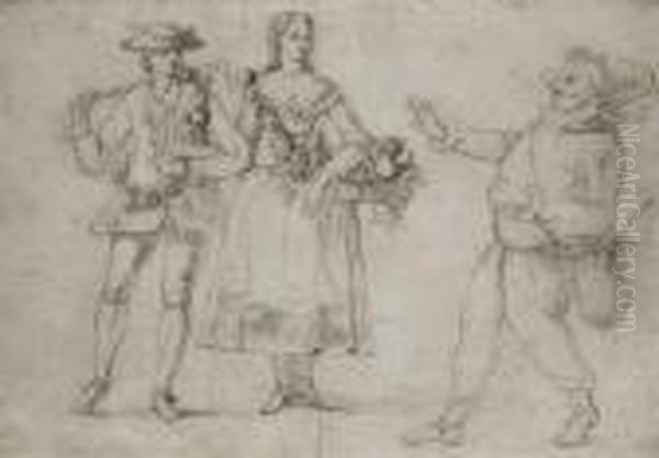 Couple Et Puchinello Oil Painting by Pietro Novelli