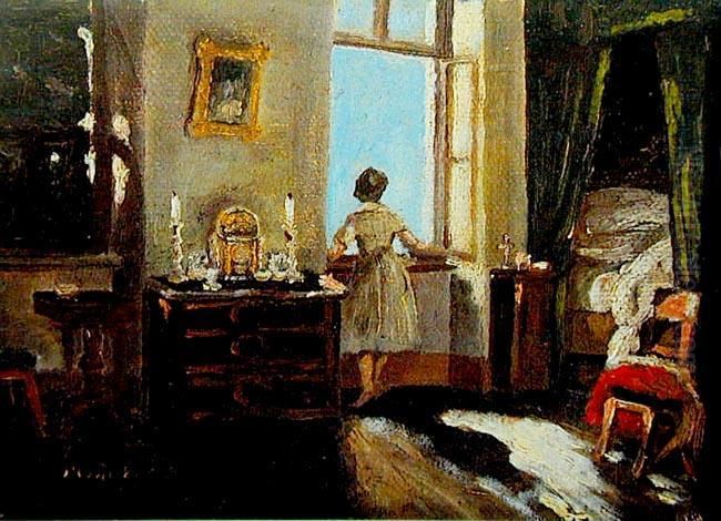 Dziewczyna W Oknie Sypialni Oil Painting by Jan Nowicki