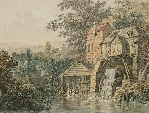 Washerwomen Working By A Mill Oil Painting by Hermanus Numan