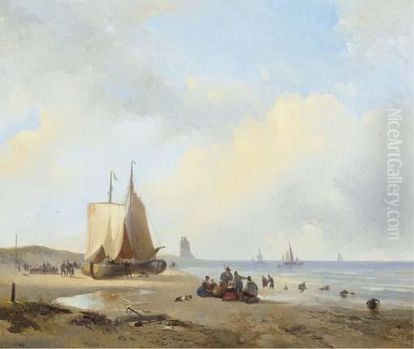 Activities On A Sunlit Beach Oil Painting by Wijnandus Johannes Josephus Nuyen