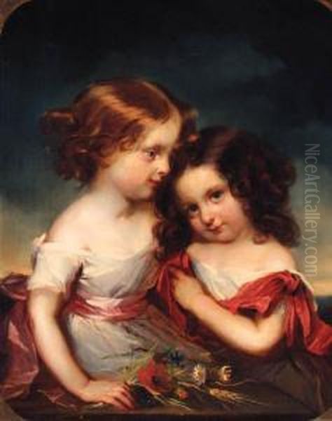 Portrait Of Two Sisters, Half-length, In White Dresses With Redribbons, Holding Flowers Oil Painting by Friederike Emile August O'Connell
