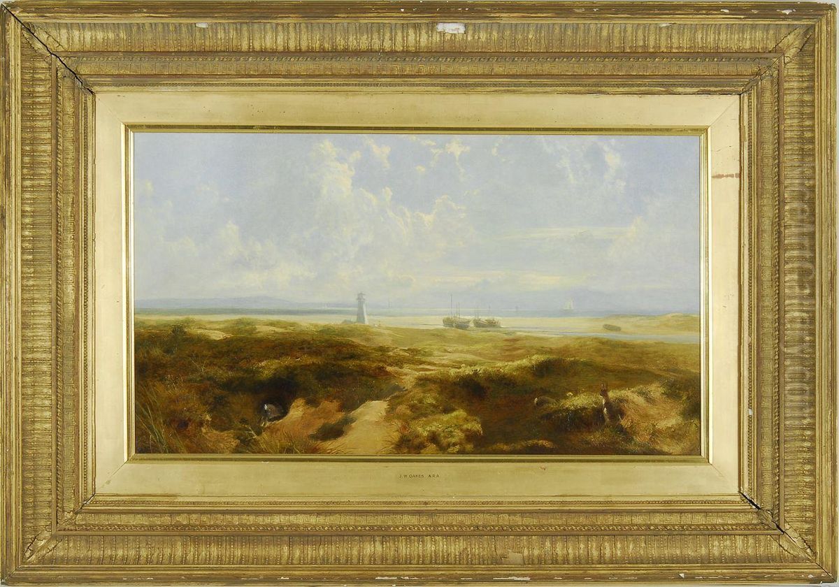 An Expansive Shoreline With Lighthouse And Vessels Oil Painting by John Wright Oakes