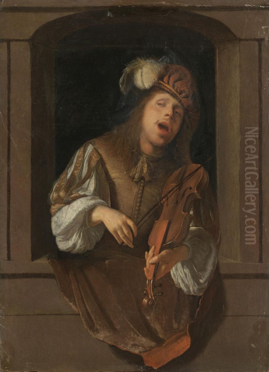 A Singing Violinist, Probably A Self-portrait, Set Within A Niche Oil Painting by Jacob Ochtervelt