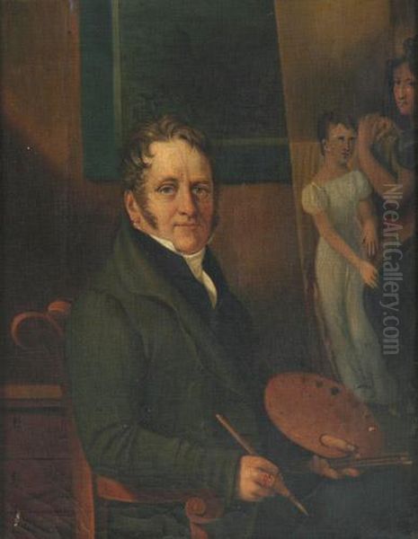 Maler Mit Palette Auf Sessel Sitzend Oil Painting by Joseph Dionysius Odevaere