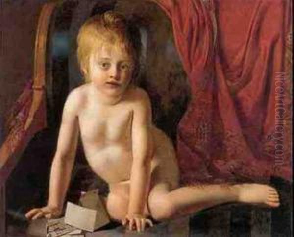 A Child Playing With Cards Oil Painting by Joseph Dionysius Odevaere