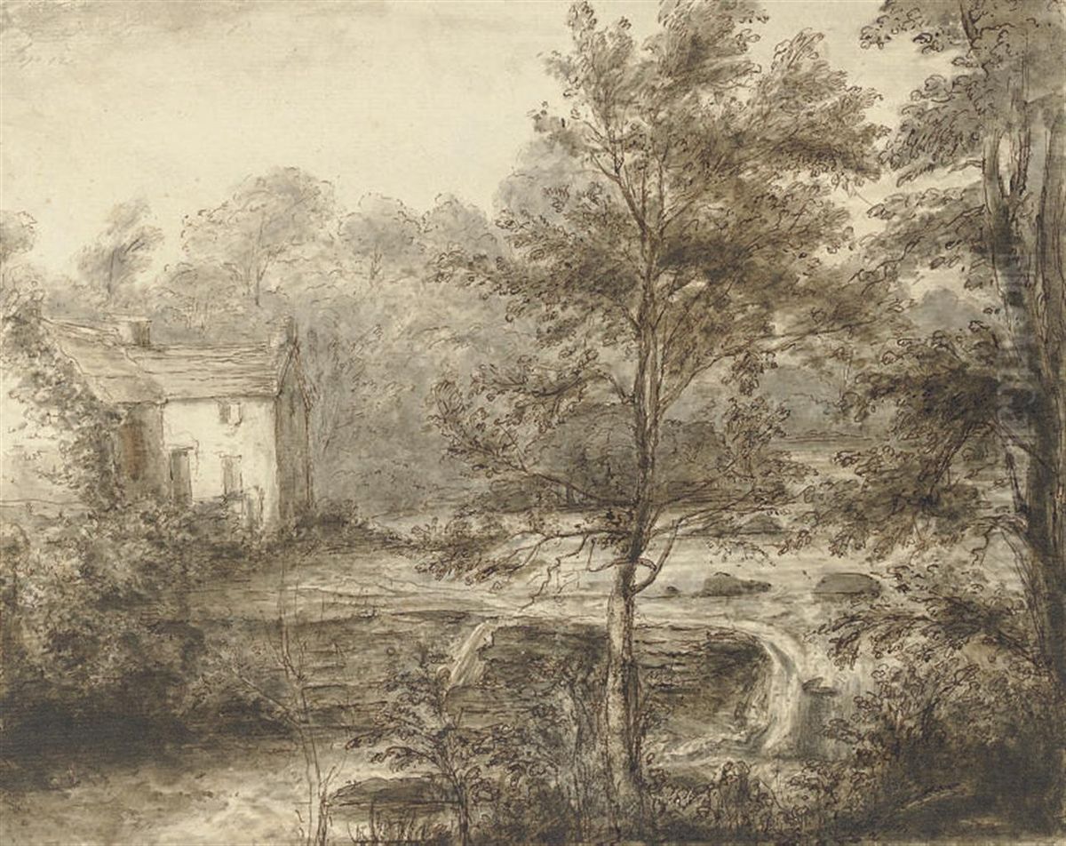 A Landscape With A Cottage And Waterfall Oil Painting by Heneage Finch