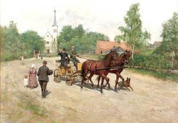 Motyw Z Malego Miasteczka Oil Painting by Ryszard Okninski