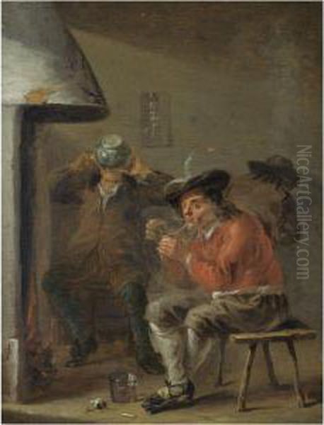 An Interior With Peasants Smoking And Drinking Beside Afireplace Oil Painting by Jan Olis