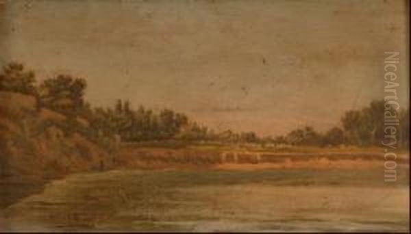 Paisaje Con Lago Y Pescador Oil Painting by Mariano Oliver Aznar