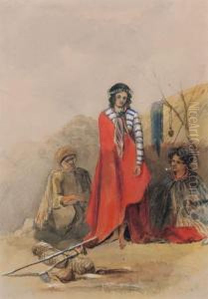 Maori Girl In A Red Blanket Oil Painting by Richard Aldworth Oliver