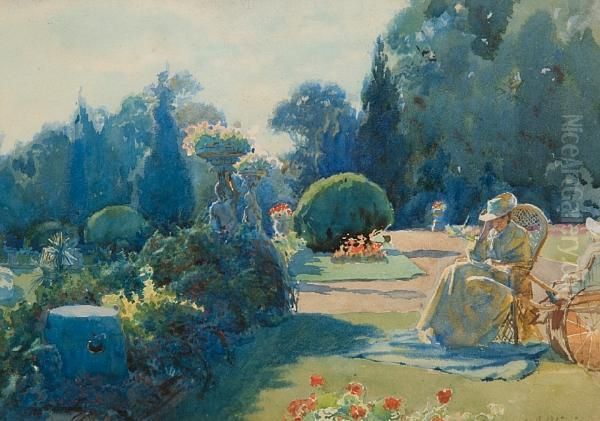 Woman Reading In A Garden Oil Painting by Herbert Arnauld Olivier