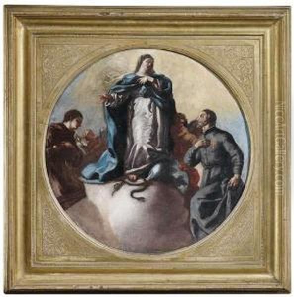 Immaculate Conception With Saint Anthony Of Padua And Saintcamillo Of Lellis. Oil Painting by Leonardo Olivieri