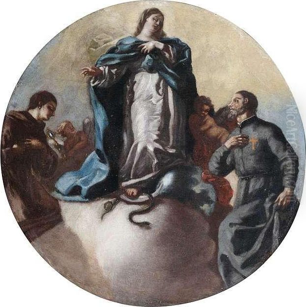 Immaculate Conception With Saint Anthony Of Padua And Saint Camillo Of Lellis. Oil Painting by Leonardo Olivieri