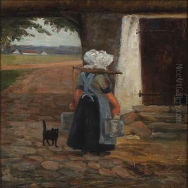 Maid Bringing The Milk Oil Painting by Knud Olsen