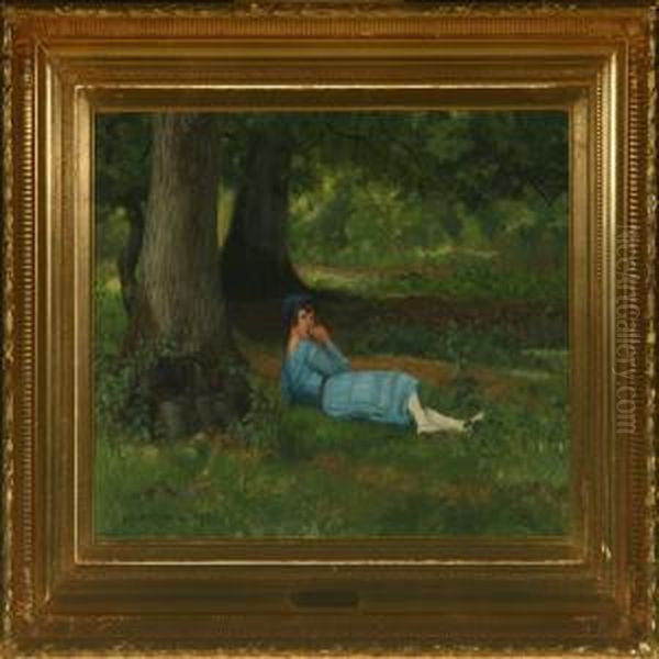 Woman In A Blue Dress Oil Painting by Knud Olsen