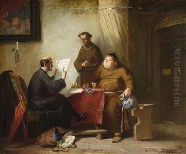 Ein Priester Und Zwei Monche Beim Zeitungsstudium. Oil Painting by Friedrich Ortlieb