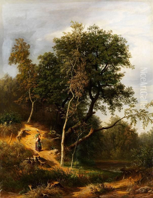Baumlandschaft Mit Waldweg Und Einer Kraxentragenden Bauerin Oil Painting by Gustav Osterroht