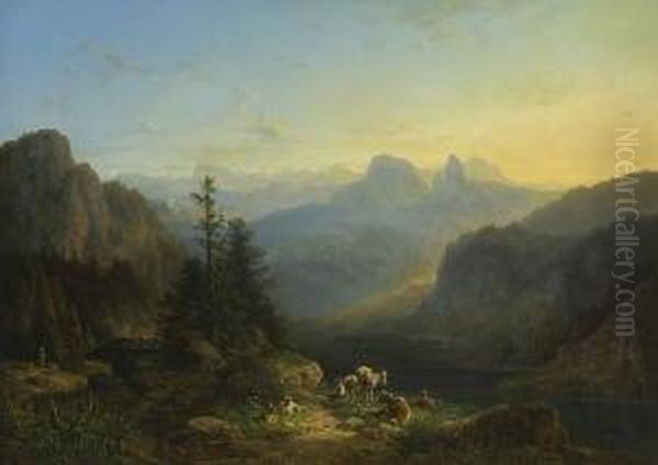 Abendliche Gebirgslandschaft. Oil Painting by Johann Nepomuk Ott