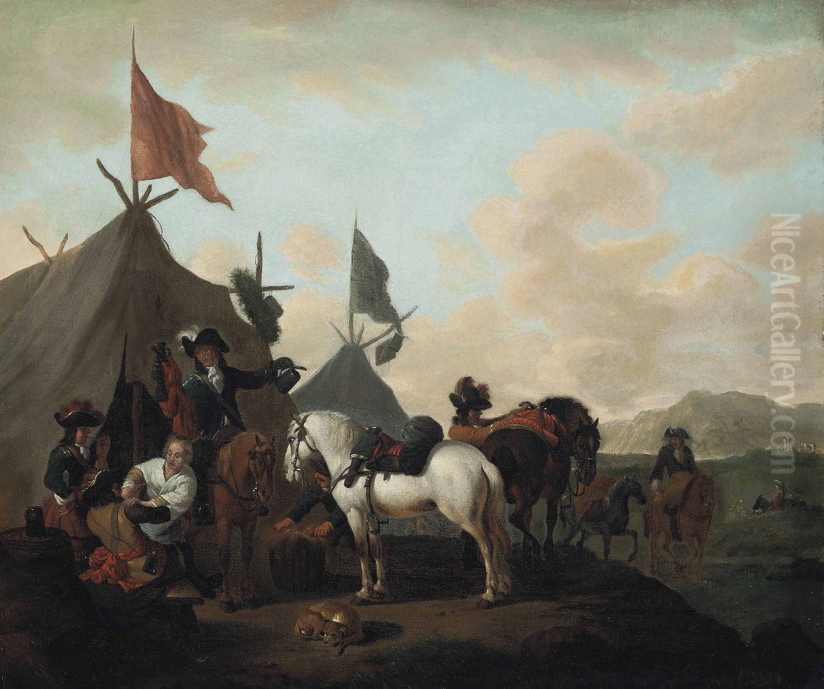 A Military Encampment With Soldiers Carousing Before A Tent Oil Painting by Evert Oudendijck