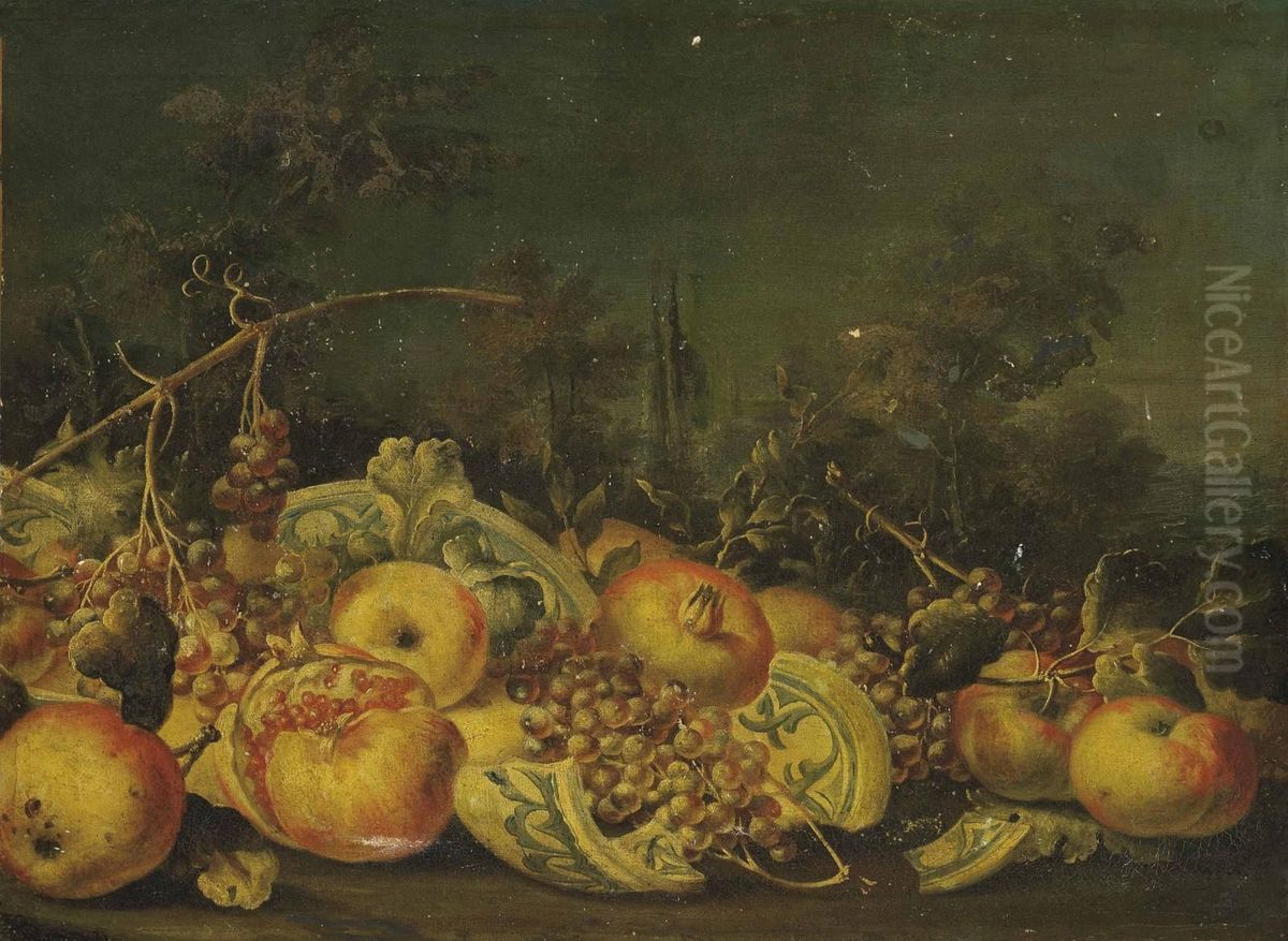 Grapes, Pomegranates, Apples And A Broken Vase In A Landscape Oil Painting by Michele Pace Del (Michelangelo di) Campidoglio