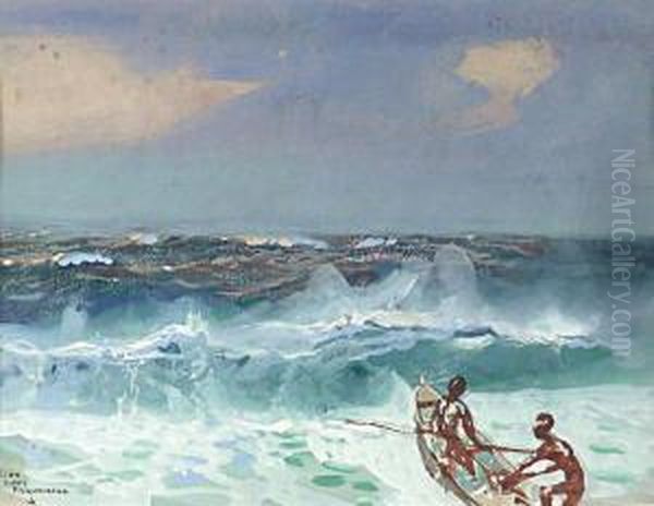 Piroguiers Dans Les Brisants, Polynesie Oil Painting by Jean-Louis Paguenaud