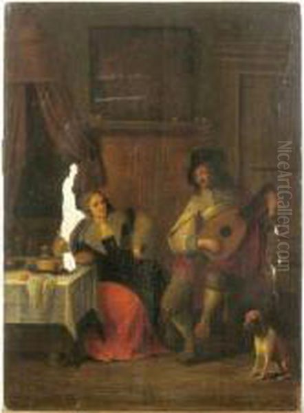 Jeune Fille Ecoutant Un Joueur De Luth Apres Le Repas Oil Painting by Anthonie Palamedesz