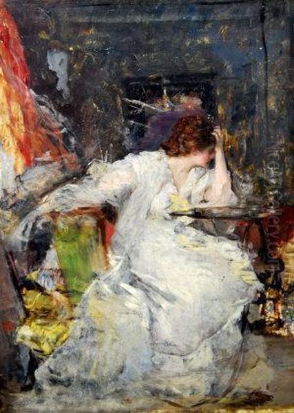 Portrait Of Lady Seated Full-length In AnInterior Oil Painting by Vicente Palmaroli Y Gonzalez