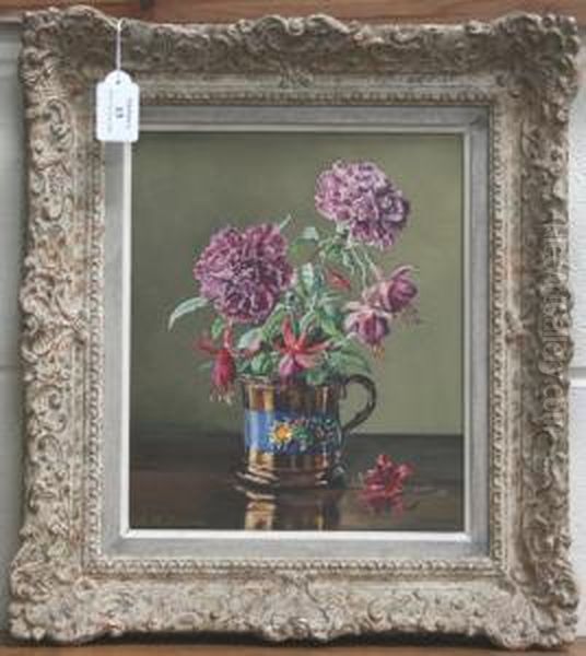 Still Life Study Of Carnations And Fuchsia In A Lustre Mug Oil Painting by Alfred Palmer
