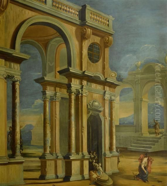 Large Architectural Vista With Figures Oil Painting by Pietro (Il Mirandolese) Paltronieri