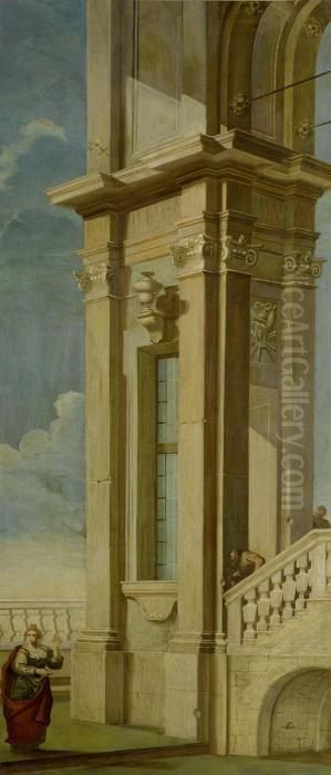 Four Panels With Architectural Motifs And Figures Oil Painting by Pietro (Il Mirandolese) Paltronieri