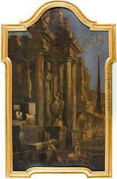 Capriccio Architettonico Con Obelisco E Figure Oil Painting by Pietro (Il Mirandolese) Paltronieri