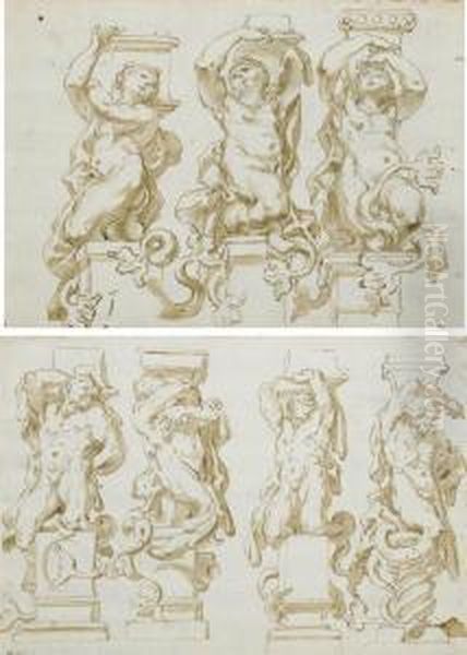 Quatre Telamons En Forme De Tritons Oil Painting by Domenico Parodi