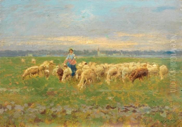 Pastorella Con Gregge Oil Painting by Carlo Passigli