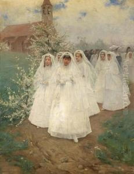 Group Ofchildren After First Communion Oil Painting by Laszlo Pataky