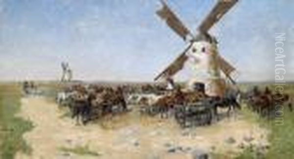 Mill In Anopen Landscape On The Puszta Oil Painting by Laszlo Pataky