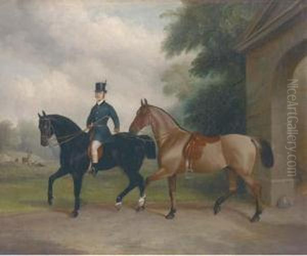 A Groom Leading Two Cobs Out Of A Stable Oil Painting by John Paul
