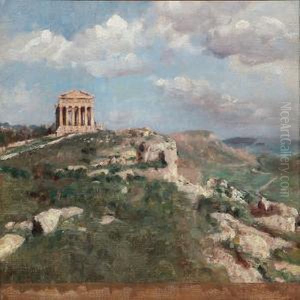 Siciliansk Landskab Med Et Graesk Tempel.girgenti Oil Painting by Julius Paulsen