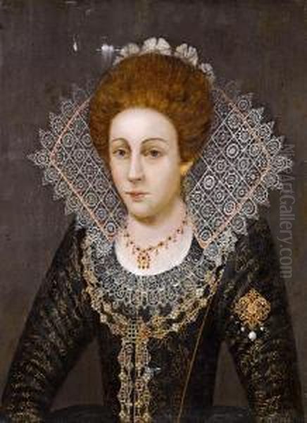 Portrait Of A Lady, Half-length, In An Embroidered Black Dress, A White Lace Collar, A Gold Necklace And A Gold Brooch Oil Painting by Robert Peake