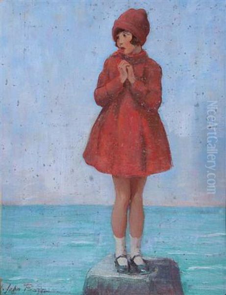 A Young Girl Wearing Red Coat And Bonnet Standing Upon A Coastal Rock Oil Painting by Harry J. Pearson