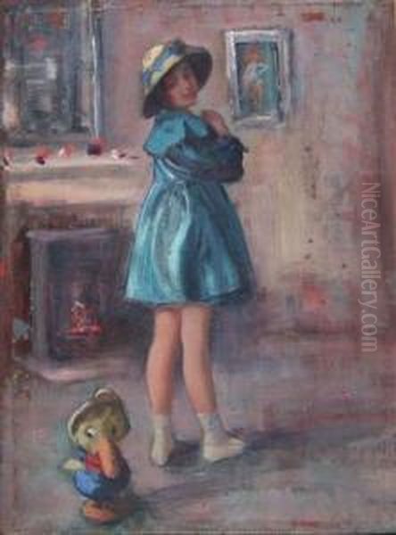 Interior Scene With Young Girl And Toy Duck Standing Beside A Fireside Oil Painting by Harry J. Pearson