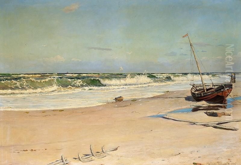 A Beach Scene With Two Fischermen Gazing At The Sea Oil Painting by Thorolf Pedersen